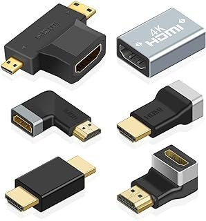 Adaptador HDMI 90 e 270 graus, pacote com 6, HDMI 2.1 macho para fêmea, inclui mini HDMI, micro HDMI, combo de adaptador L fêmea para fêmea/macho para macho, conector de TV compatível com 3D e 4K