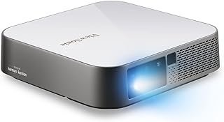 ViewSonic Projetor portátil M2e 1080p com 1000 lúmens LED, Keystone H/V, foco automático, alto-falantes Bluetooth Harman Kardon, HDMI, USB C, armazenamento de 16GB, Stream Netflix com Dongle, Marron
