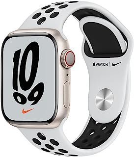 Apple Watch Nike Series 7 (GPS + Cellular), Caixa em alumínio luz das estrelas de 41 mm com Pulseira esportiva Nike platina‑pura/preta