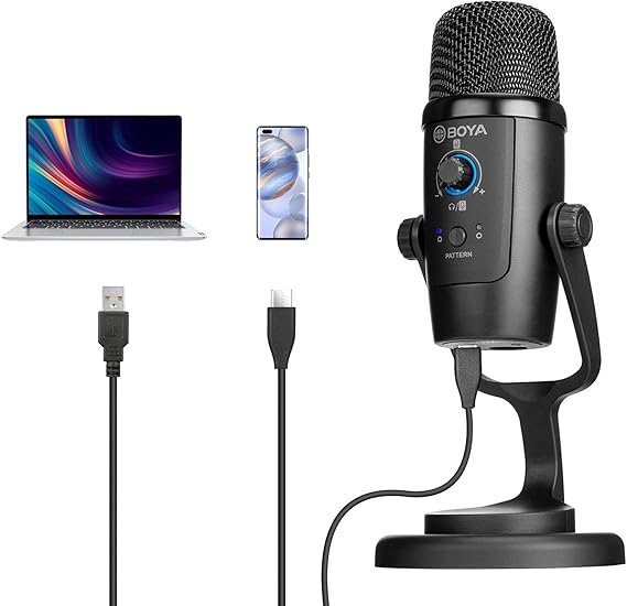 Microfone USB condensador de estúdio BOYA BY-PM500 com vários padrões de captação e monitoramento para transmissão de gravação em PC e Mac, Windows, para YouTube, Facebook Live, jogos