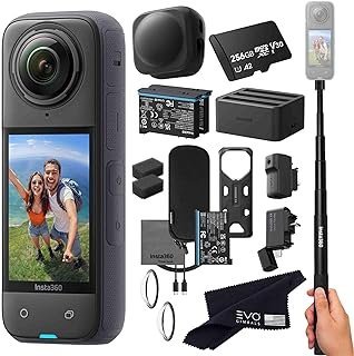Insta360 Câmera de ação 360 impermeável X4 Pro Bundle-8K com vídeo HDR 8K 360, |O pacote inclui bastão de selfie, 2 baterias extras, carregador, leitor rápido, adaptador de microfone, tampa de lente,