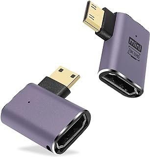 GINTOOYUN Adaptador extensor mini HDMI para HDMI 8K, versão 2.1, mini HDMI macho para ângulo reto 90 graus, adaptador de extensão HDMI fêmea para câmera, laptop, tablet, HDTV e projetor, 2 peças