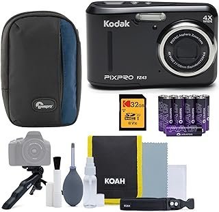 Kodak Câmera digital PIXPRO FZ43 com zoom amigável (preto) com cartão SD de 32 GB, kit de acessórios para câmera focal e pacote com 4 pilhas AA sobressalentes (4 itens)