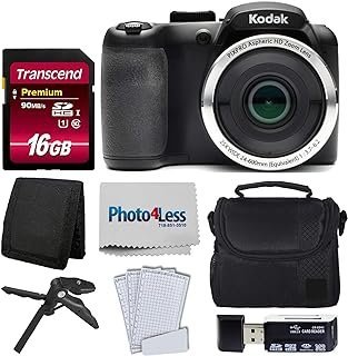 Kodak Câmera digital PIXPRO AZ252 Astro Zoom de 16 MP (preto) Pacote com estojo para câmera Point & Shoot + Transcend 16GB SDHC Class10 UHS-I cartão de memória 400X + leitor de cartão USB + tripé de