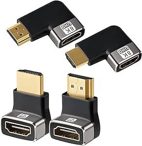 Adaptador HDMI 2.1 de ângulo reto 8K multitipo adaptador de 90 graus e 270 graus, pacote com 4, conversor de conector vertical HDMI macho para fêmea extensor de forma HDMI L, suporta 8K @60Hz, 4K @120Hz, 4K @60Hz, 4K @30Hz