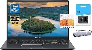 ASUS Laptop 2023 mais novo laptop de luz fina, tela FHD de 15,6 polegadas, Intel Pentium N5030, 4 GB de RAM, 192 GB de armazenamento (128 GB eMMC+64 GB SD), webcam, WiFi, KB retroiluminado, Office 365, Win11 S+MarxsolAccessory