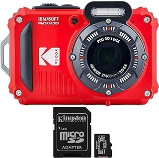 Kodak PIXPRO WPZ2 Câmera digital resistente à prova d’água de 16 MP com zoom óptico de 4x (vermelha) e cartão microSDHC de 32 GB com pacote adaptador (2 itens)