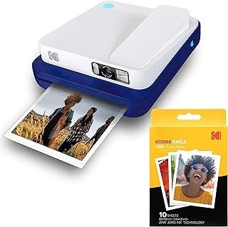 Câmera instantânea digital clássica Kodak Smile com Bluetooth (azul) com pacote com 10 papel fotográfico impresso premium Zink de 8,8 x 10,8 cm.