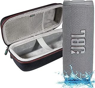 JBL Flip 6 – Alto-falante Bluetooth portátil à prova d’água, som potente e graves profundos, à prova d’água IPX7, 12 horas de reprodução com capa rígida Megen – Cinza