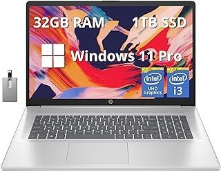 HP Laptop Full HD de 17,3 polegadas, processador Intel Core i3-1215U, 32 GB de RAM, SSD PCIe de 1 TB, gráficos Intel UHD, teclado numérico, webcam HD 720p, Windows 11 Pro, prata natural, cartão USB