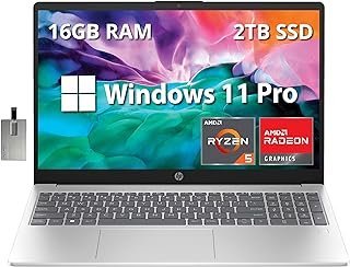 HP Laptop empresarial FHD de 15,6 polegadas, processador AMD Ryzen 5 7520U, 16 GB de RAM, SSD PCIe de 2 TB, placa de vídeo AMD Radeon, Bluetooth, webcam HD, Wi-Fi, Windows 11 Pro, prata, cartão USB