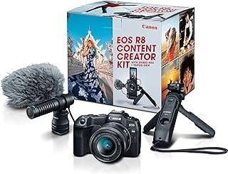 Canon Kit de criação de conteúdo EOS R8, câmera sem espelho de quadro completo, montagem RF, 24,2 MP, vídeo 4K, processador de imagem DIGIC X, compacto, leve, conexão de smartphone, alça de tripé,